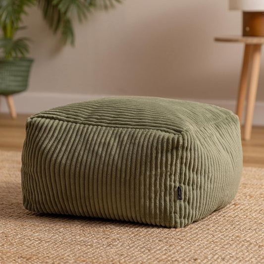 Icon Amara Hocker, Salbeigrün, Flauschiger Cord Stoff, Sitzsack Cord, Sitzpuff, Pouf Hocker mit Füllung, Fußhocker für das Wohnzimmer, Deko Wohnzimmer