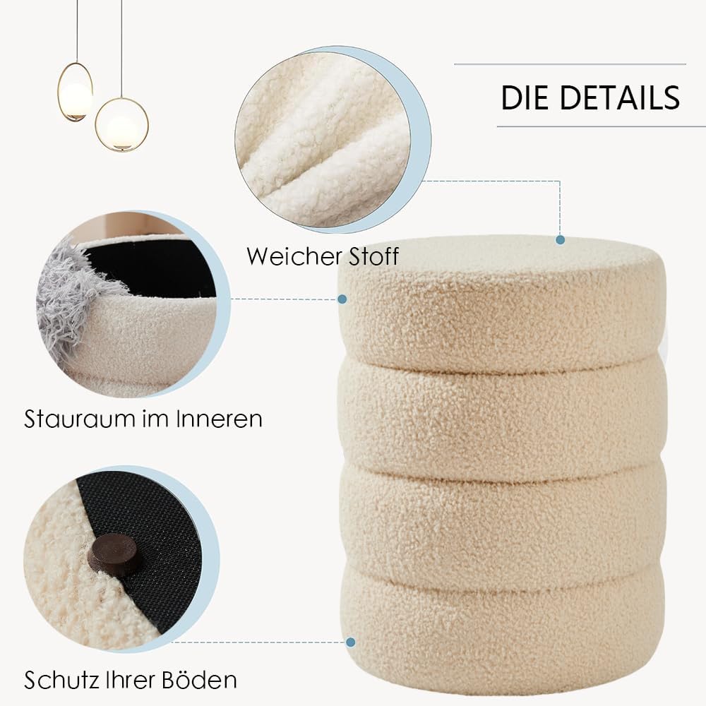 Zedelmaier Runder Teddy Hocker mit Stauraum - Sitzhocker, Schminktisch & Aufbewahrungshocker für Wohnzimmer, Schlafzimmer & Kinderzimmer (Beige)