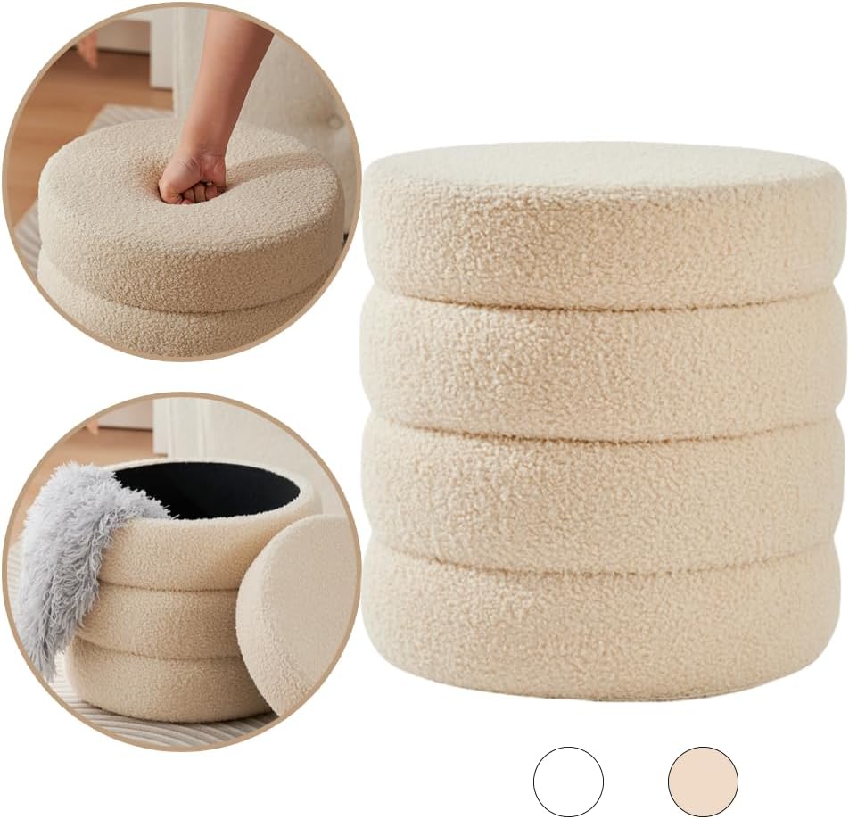 Zedelmaier Runder Teddy Hocker mit Stauraum - Sitzhocker, Schminktisch & Aufbewahrungshocker für Wohnzimmer, Schlafzimmer & Kinderzimmer (Beige)