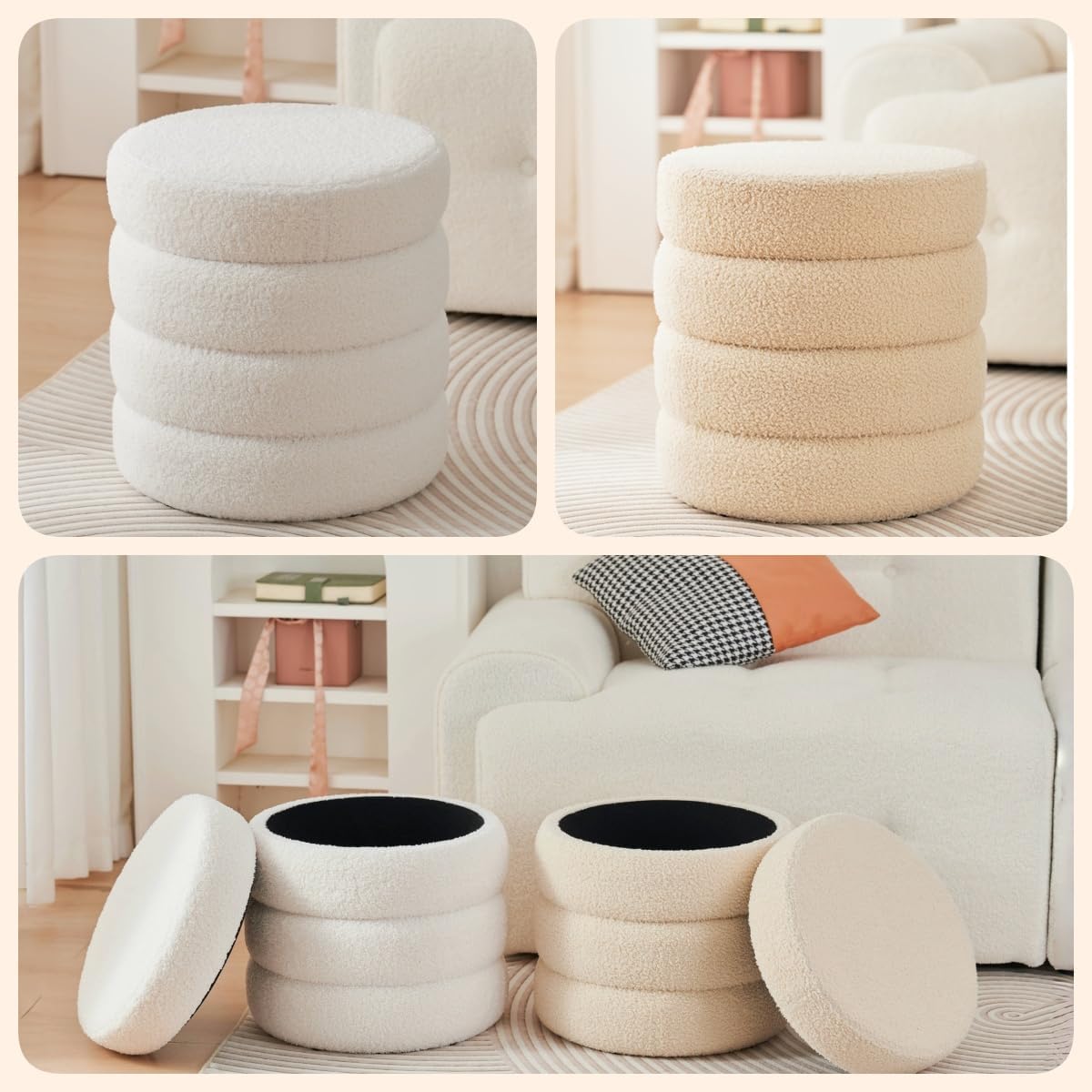 Zedelmaier Runder Teddy Hocker mit Stauraum - Sitzhocker, Schminktisch & Aufbewahrungshocker für Wohnzimmer, Schlafzimmer & Kinderzimmer (Beige)