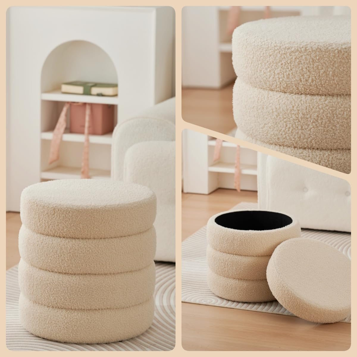 Zedelmaier Runder Teddy Hocker mit Stauraum - Sitzhocker, Schminktisch & Aufbewahrungshocker für Wohnzimmer, Schlafzimmer & Kinderzimmer (Beige)
