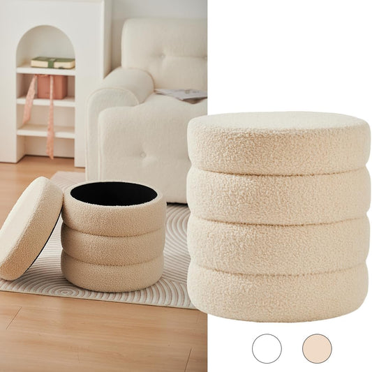 Zedelmaier Runder Teddy Hocker mit Stauraum - Sitzhocker, Schminktisch & Aufbewahrungshocker für Wohnzimmer, Schlafzimmer & Kinderzimmer (Beige)