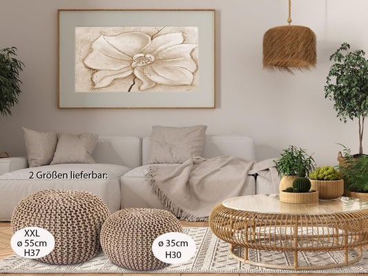 Strickhocker Pouf Ø45 oder 55cm Bodenkissen Sitzpouf XXL Baumwolle nachhaltig Größe ø 45 cm, Farbe beige