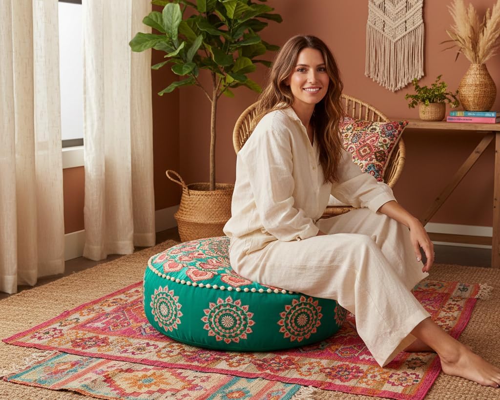 Türkis Runder Pouf Ottomane Bezug mit Samtstickerei – weicher, bestickter Bodenkissen mit marokkanischem Design, 60cm Durchmesser, ideal für Wohnzimmer, Schlafzimmer oder Meditationsraum
