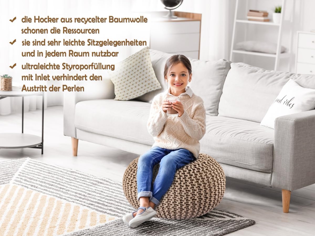 Strickhocker Pouf Ø45 oder 55cm Bodenkissen Sitzpouf XXL Baumwolle nachhaltig Größe ø 45 cm, Farbe beige