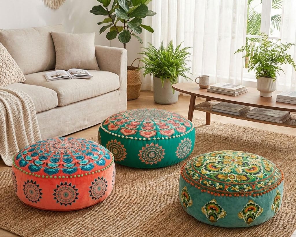 Türkis Runder Pouf Ottomane Bezug mit Samtstickerei – weicher, bestickter Bodenkissen mit marokkanischem Design, 60cm Durchmesser, ideal für Wohnzimmer, Schlafzimmer oder Meditationsraum