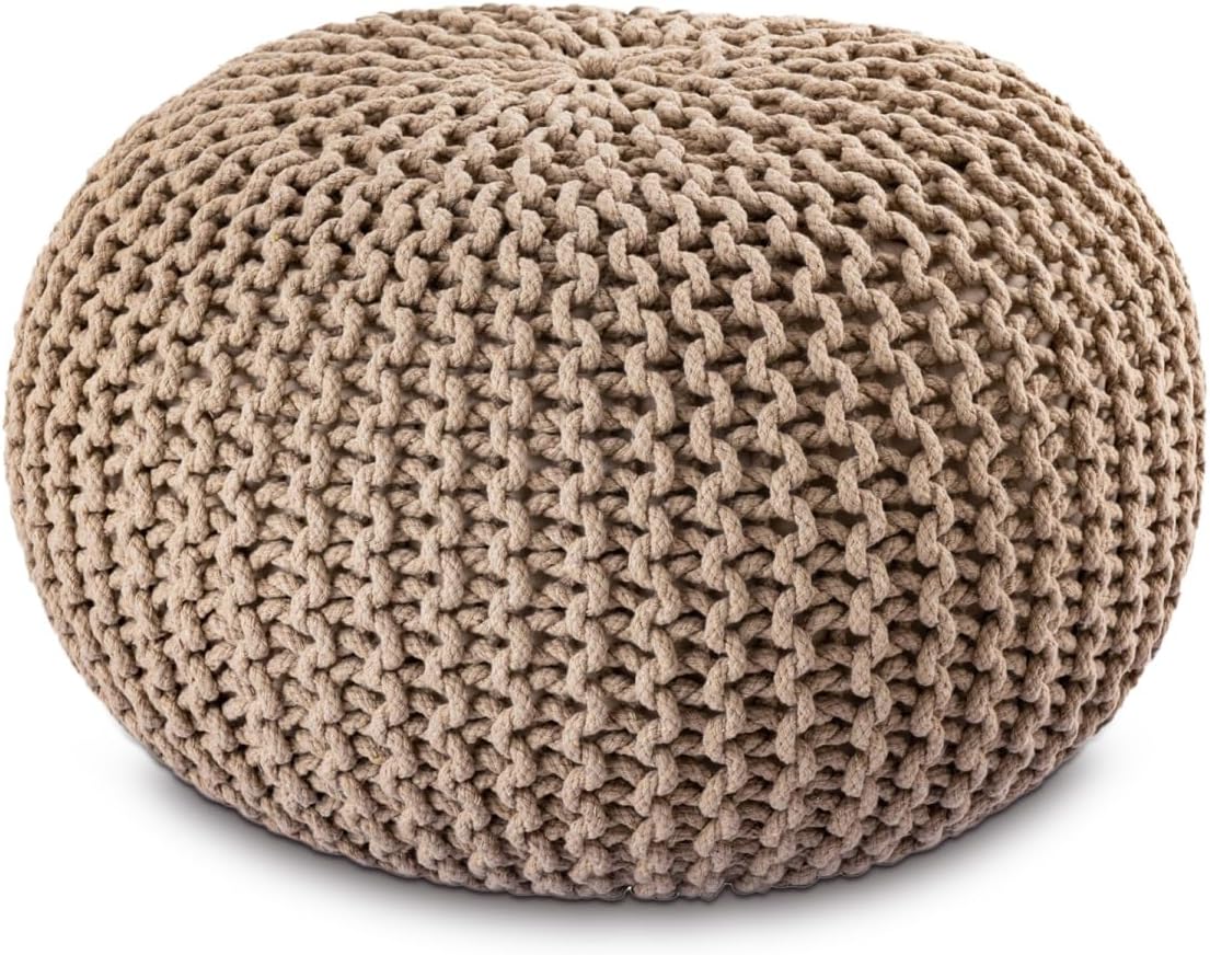 Strickhocker Pouf Ø45 oder 55cm Bodenkissen Sitzpouf XXL Baumwolle nachhaltig Größe ø 45 cm, Farbe beige
