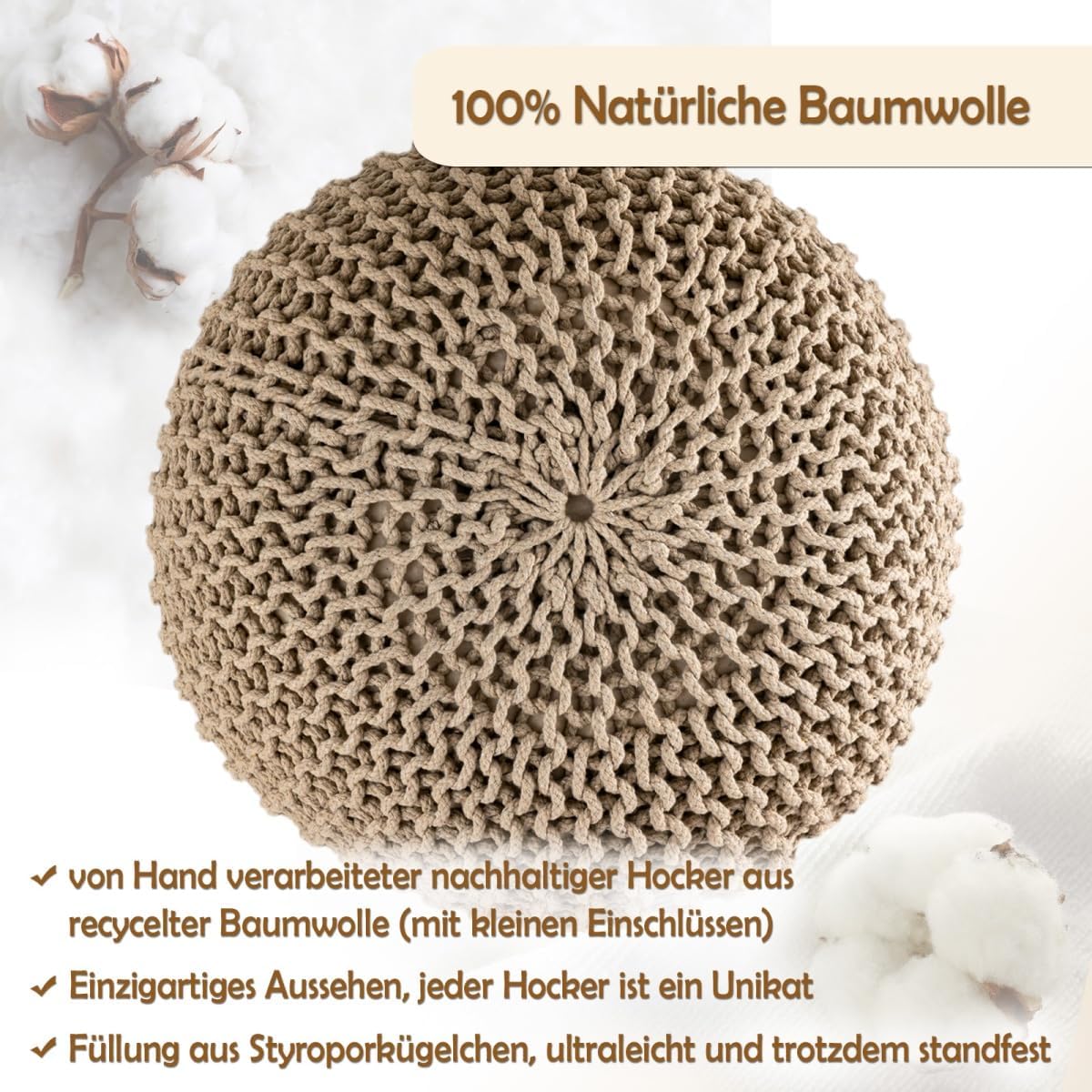 Strickhocker Pouf Ø45 oder 55cm Bodenkissen Sitzpouf XXL Baumwolle nachhaltig Größe ø 45 cm, Farbe beige