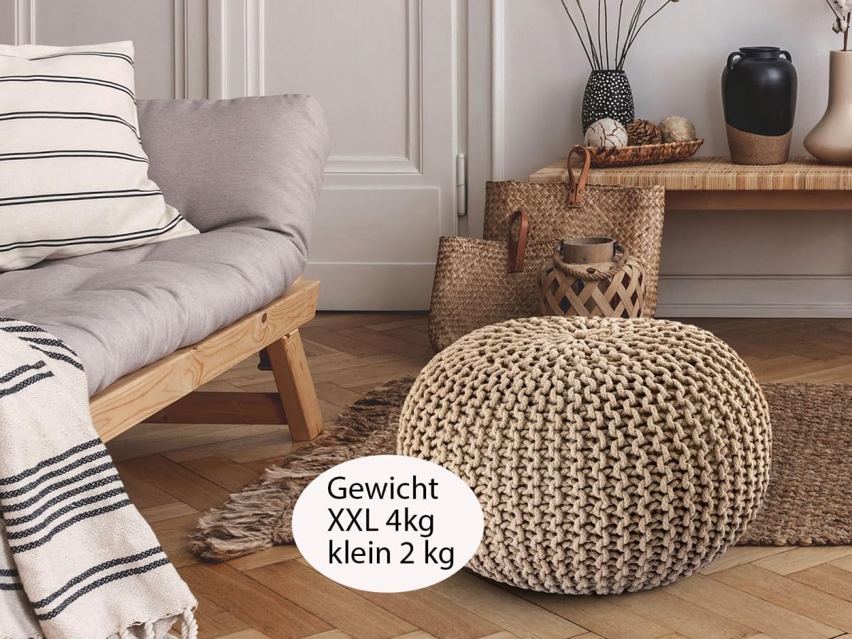 Strickhocker Pouf Ø45 oder 55cm Bodenkissen Sitzpouf XXL Baumwolle nachhaltig Größe ø 45 cm, Farbe beige