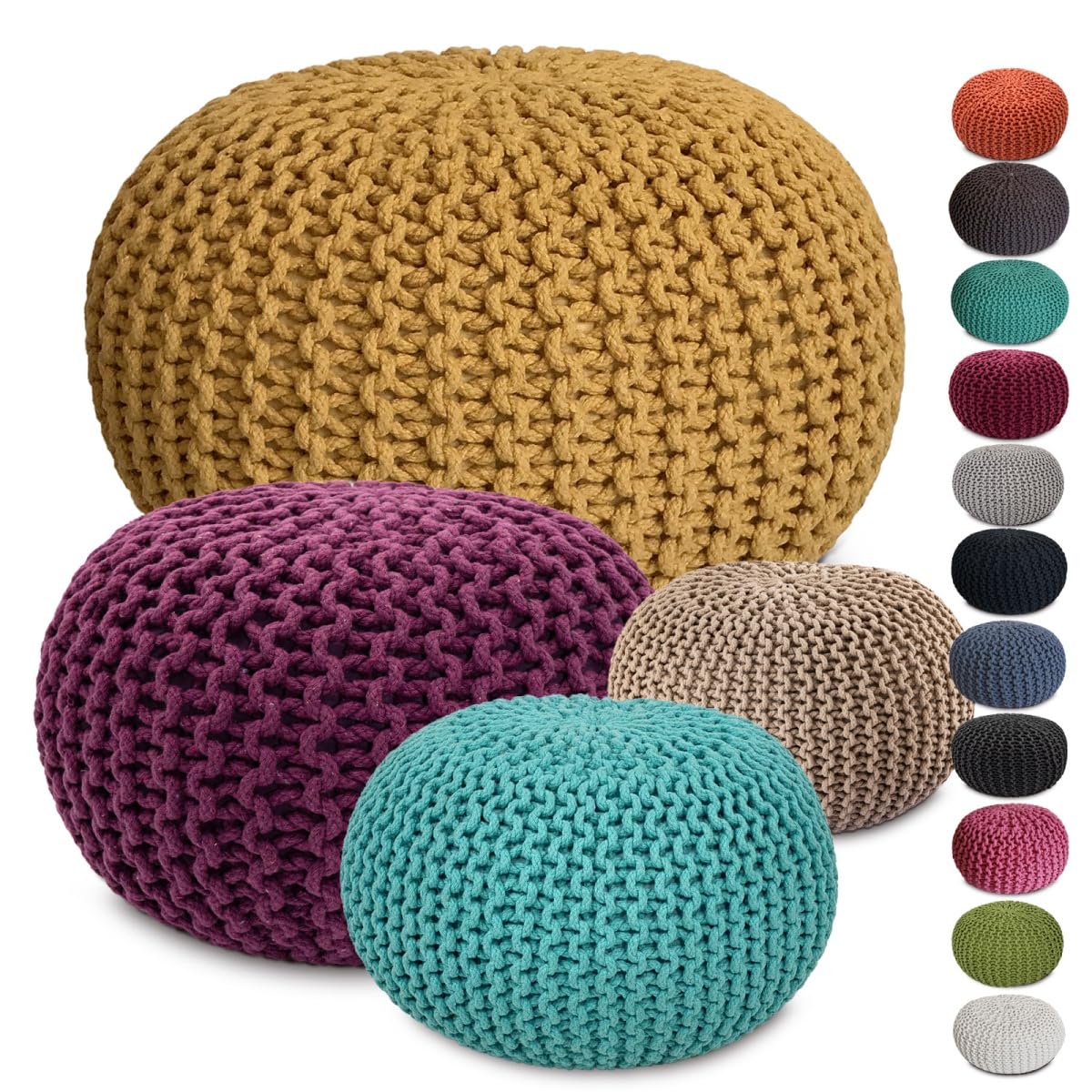 Strickhocker Pouf Ø45 oder 55cm Bodenkissen Sitzpouf XXL Baumwolle nachhaltig Größe ø 45 cm, Farbe beige