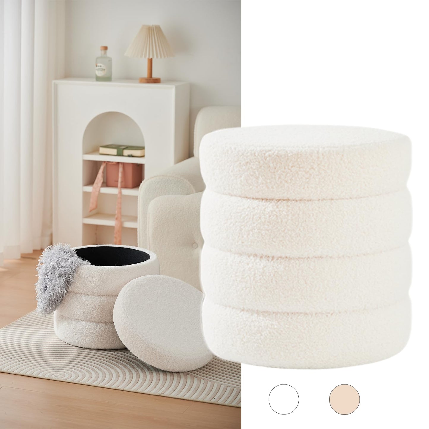 Zedelmaier Runder Teddy Hocker mit Stauraum - Sitzhocker, Schminktisch & Aufbewahrungshocker für Wohnzimmer, Schlafzimmer & Kinderzimmer (Beige)