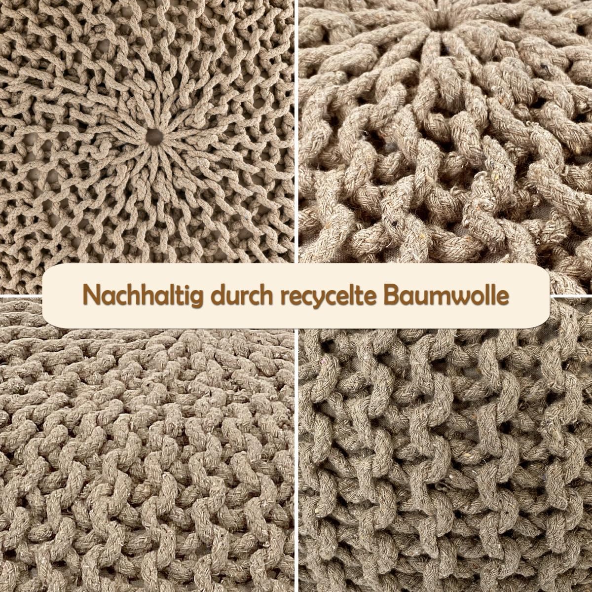 Strickhocker Pouf Ø45 oder 55cm Bodenkissen Sitzpouf XXL Baumwolle nachhaltig Größe ø 45 cm, Farbe beige