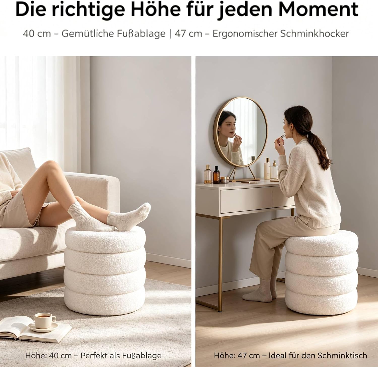 Zedelmaier Runder Teddy Hocker mit Stauraum - Sitzhocker, Schminktisch & Aufbewahrungshocker für Wohnzimmer, Schlafzimmer & Kinderzimmer (Beige)