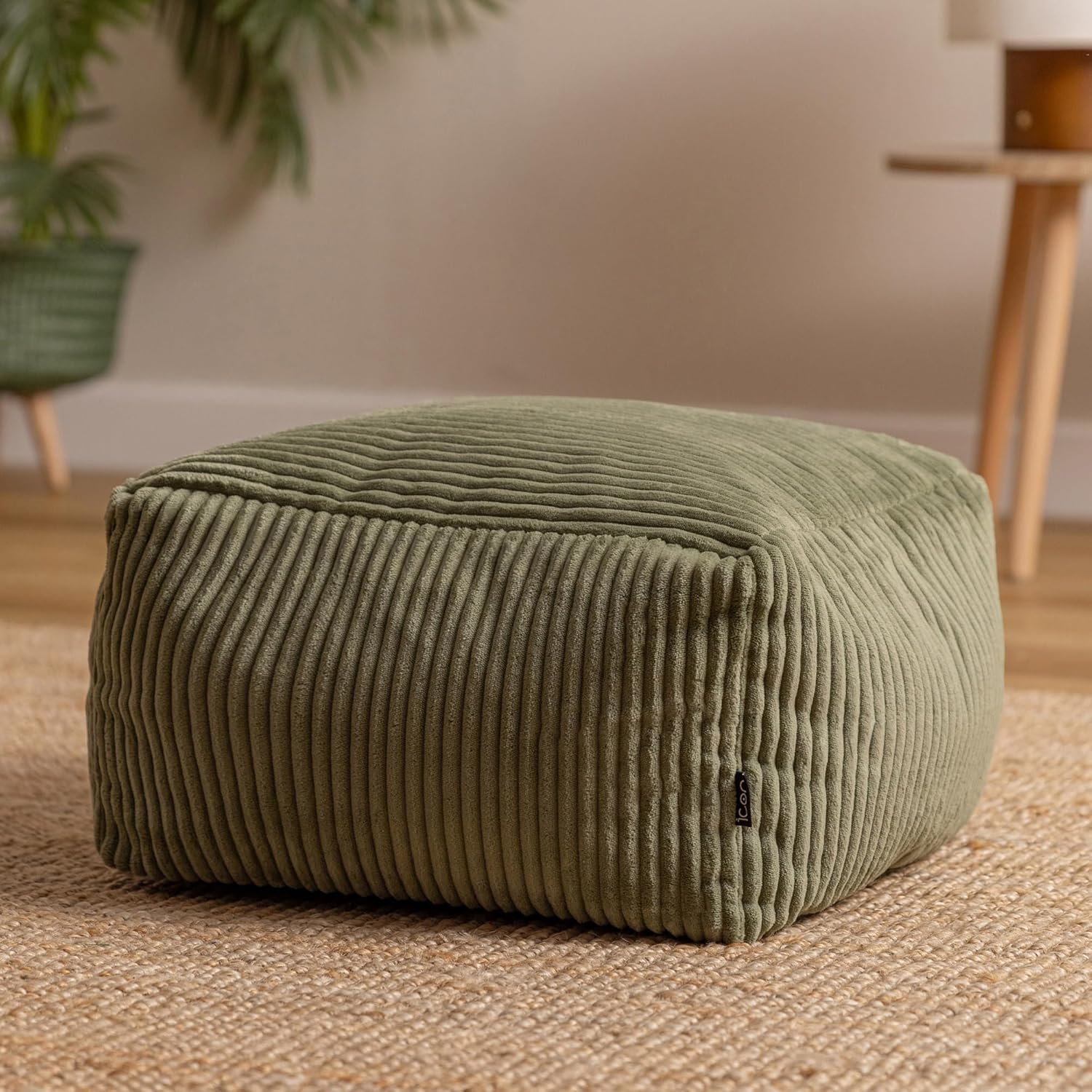 Icon Amara Hocker, Salbeigrün, Flauschiger Cord Stoff, Sitzsack Cord, Sitzpuff, Pouf Hocker mit Füllung, Fußhocker für das Wohnzimmer, Deko Wohnzimmer
