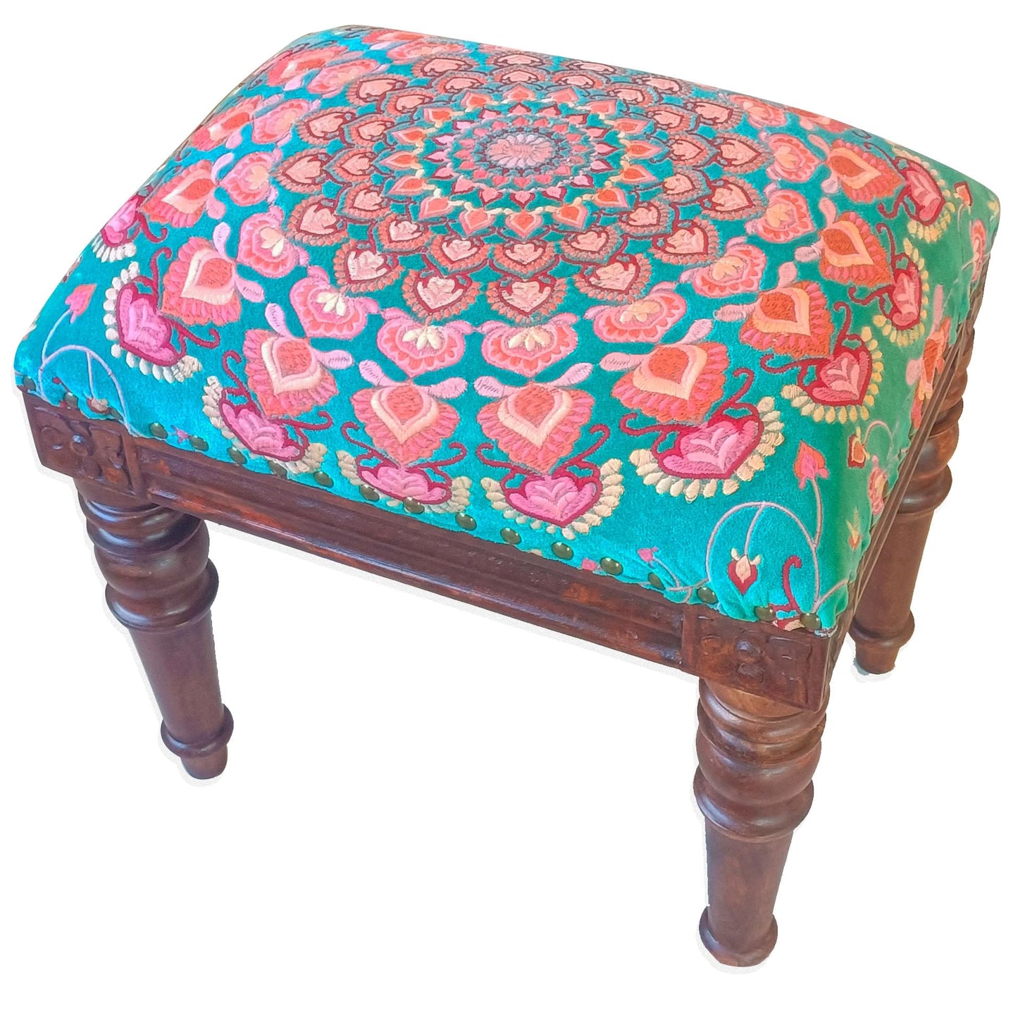 Türkis Runder Pouf Ottomane Bezug mit Samtstickerei – weicher, bestickter Bodenkissen mit marokkanischem Design, 60cm Durchmesser, ideal für Wohnzimmer, Schlafzimmer oder Meditationsraum
