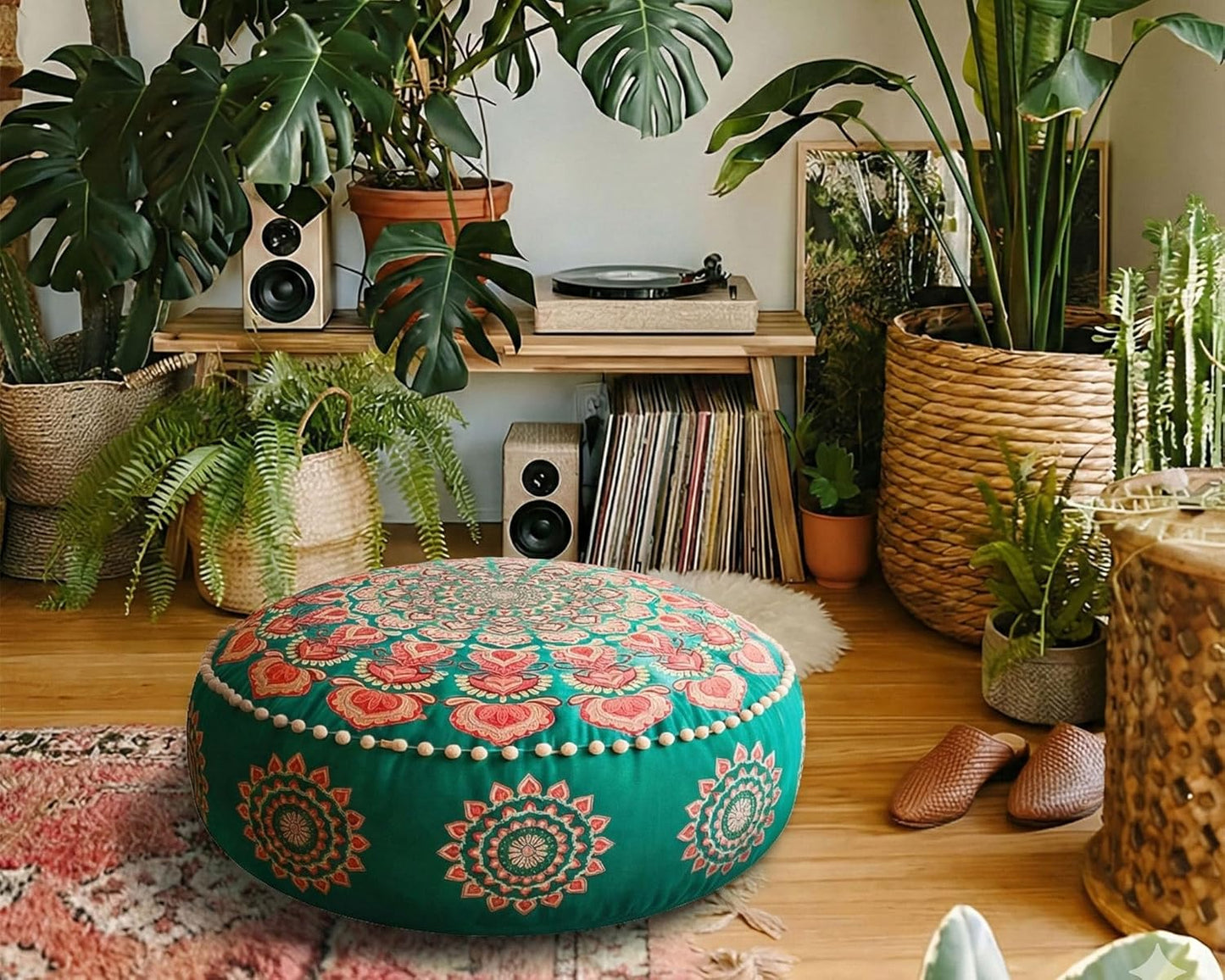 Türkis Runder Pouf Ottomane Bezug mit Samtstickerei – weicher, bestickter Bodenkissen mit marokkanischem Design, 60cm Durchmesser, ideal für Wohnzimmer, Schlafzimmer oder Meditationsraum