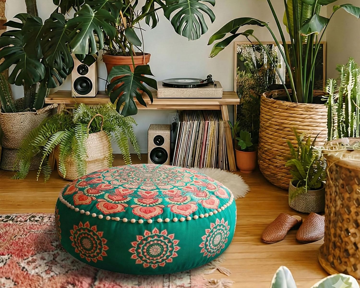 Türkis Runder Pouf Ottomane Bezug mit Samtstickerei – weicher, bestickter Bodenkissen mit marokkanischem Design, 60cm Durchmesser, ideal für Wohnzimmer, Schlafzimmer oder Meditationsraum