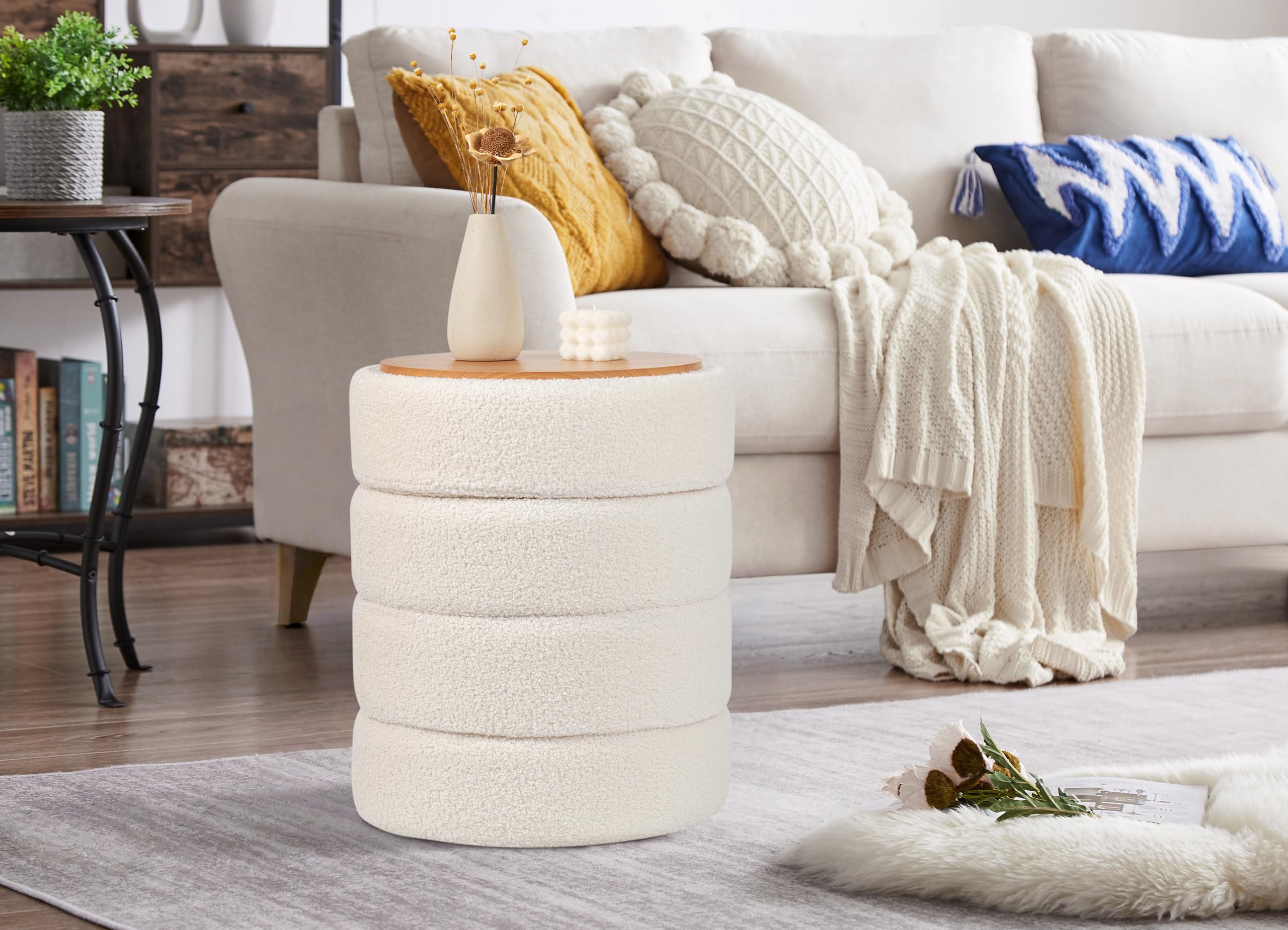 Zedelmaier Runder Teddy Hocker mit Stauraum - Sitzhocker, Schminktisch & Aufbewahrungshocker für Wohnzimmer, Schlafzimmer & Kinderzimmer (Beige)