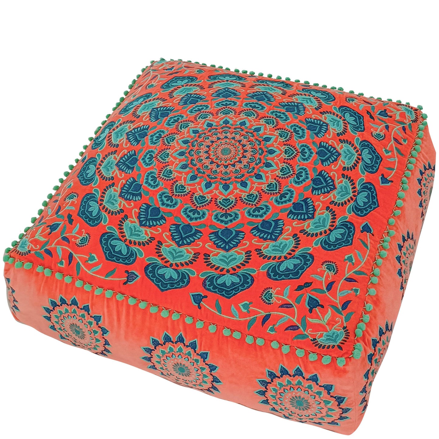 Türkis Runder Pouf Ottomane Bezug mit Samtstickerei – weicher, bestickter Bodenkissen mit marokkanischem Design, 60cm Durchmesser, ideal für Wohnzimmer, Schlafzimmer oder Meditationsraum
