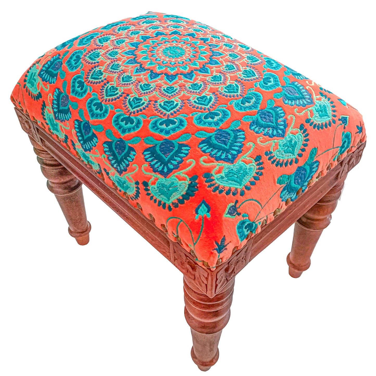 Türkis Runder Pouf Ottomane Bezug mit Samtstickerei – weicher, bestickter Bodenkissen mit marokkanischem Design, 60cm Durchmesser, ideal für Wohnzimmer, Schlafzimmer oder Meditationsraum