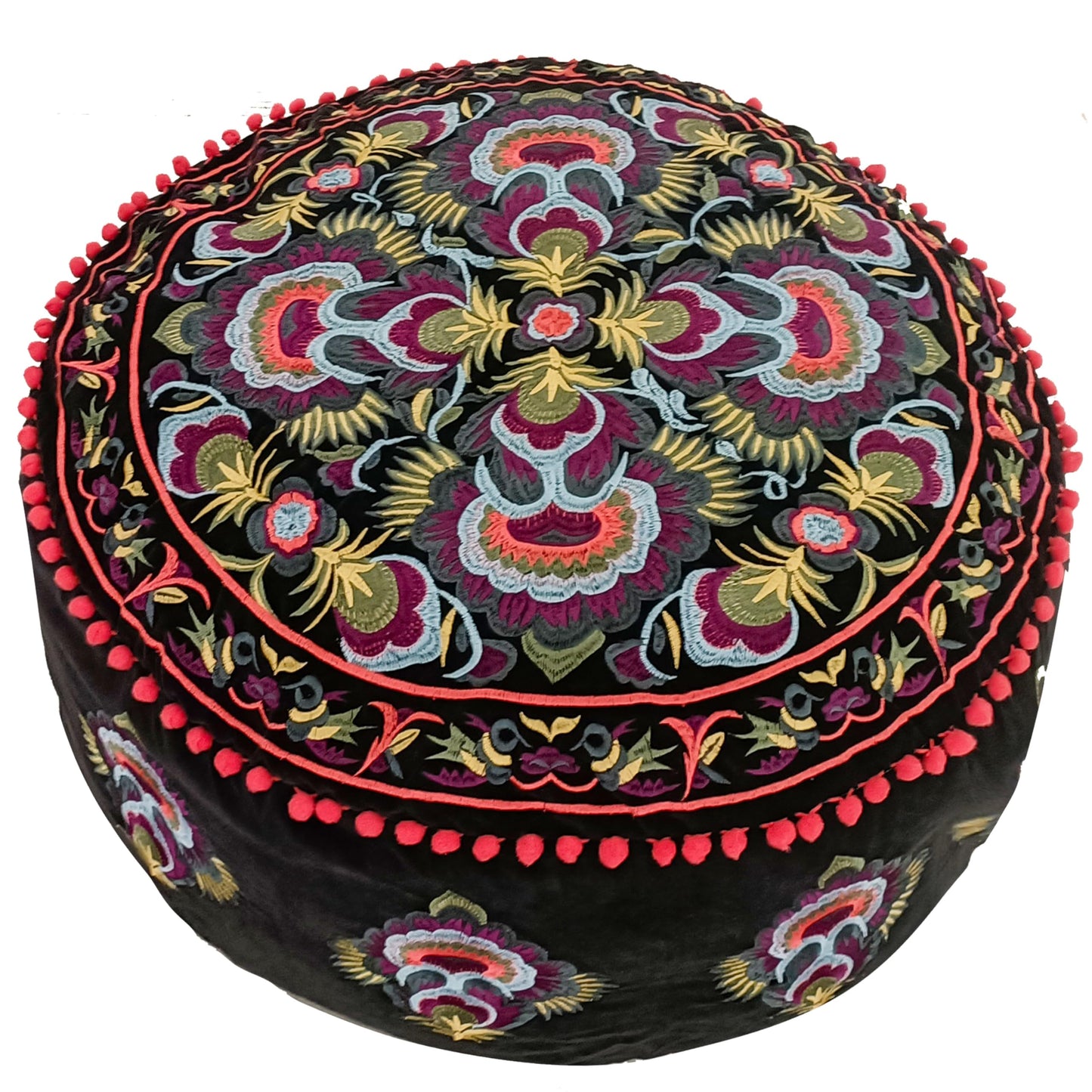 Türkis Runder Pouf Ottomane Bezug mit Samtstickerei – weicher, bestickter Bodenkissen mit marokkanischem Design, 60cm Durchmesser, ideal für Wohnzimmer, Schlafzimmer oder Meditationsraum
