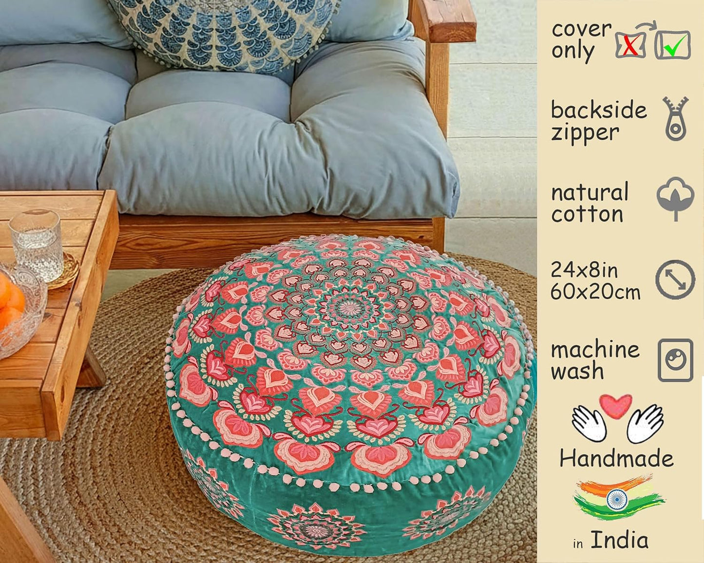 Türkis Runder Pouf Ottomane Bezug mit Samtstickerei – weicher, bestickter Bodenkissen mit marokkanischem Design, 60cm Durchmesser, ideal für Wohnzimmer, Schlafzimmer oder Meditationsraum