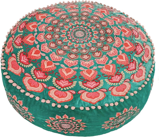 Türkis Runder Pouf Ottomane Bezug mit Samtstickerei – weicher, bestickter Bodenkissen mit marokkanischem Design, 60cm Durchmesser, ideal für Wohnzimmer, Schlafzimmer oder Meditationsraum
